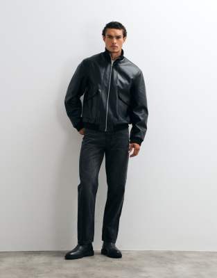 Asos Design Double Pocket Leather Look Bomber In Multi