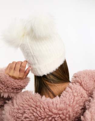 ASOS Design Cable Knit Beanie with Faux Fur Pom in sage-Green