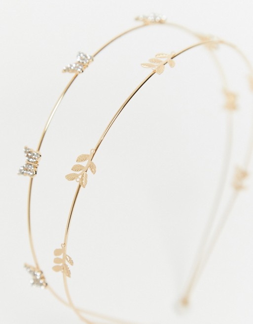 ASOS DESIGN double row headband with crystal butterfly in gold tone
