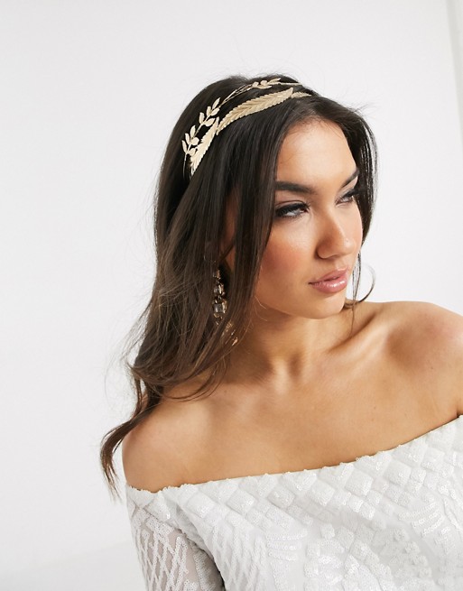 ASOS DESIGN double row headband with gardenia leaf embellishment in gold tone