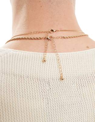 Asos Design Double Row Semi-precious Stone Pendant With Rope Chain Necklace In Gold