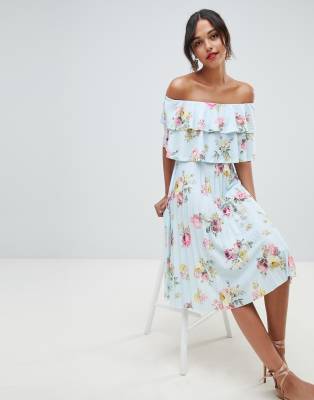 ruffle bardot midi dress