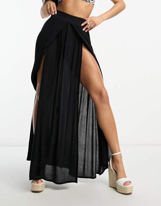 Parallel Lines Straight Column Skirt with Waist Band Slash and Side Split in Black - ASOS Outlet