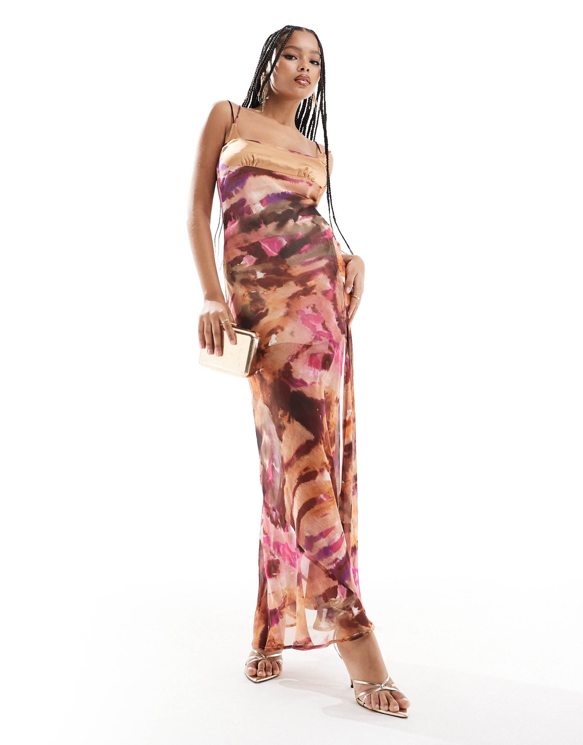 asos design double strap maxi dress with hook and eye slit in blurred print