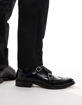 Asos Design Brogue Monk Shoes In Black Leather