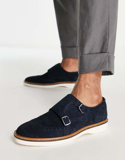 ASOS DESIGN double strap monk shoes in navy suede with contrast wedge sole