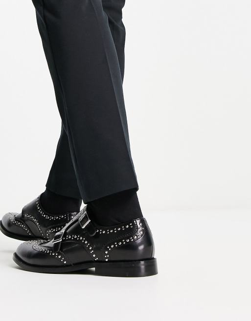 ASOS DESIGN double strap monk shoes with stud detail in black faux leather