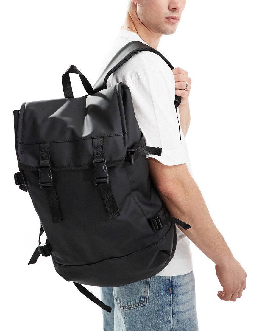 ASOS DESIGN double strap rubberised backpack in black
