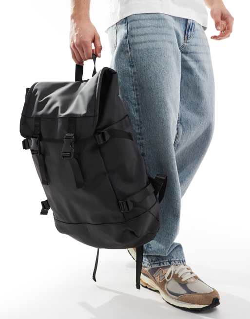 ASOS DESIGN double strap rubberised backpack in black, 3 of 4