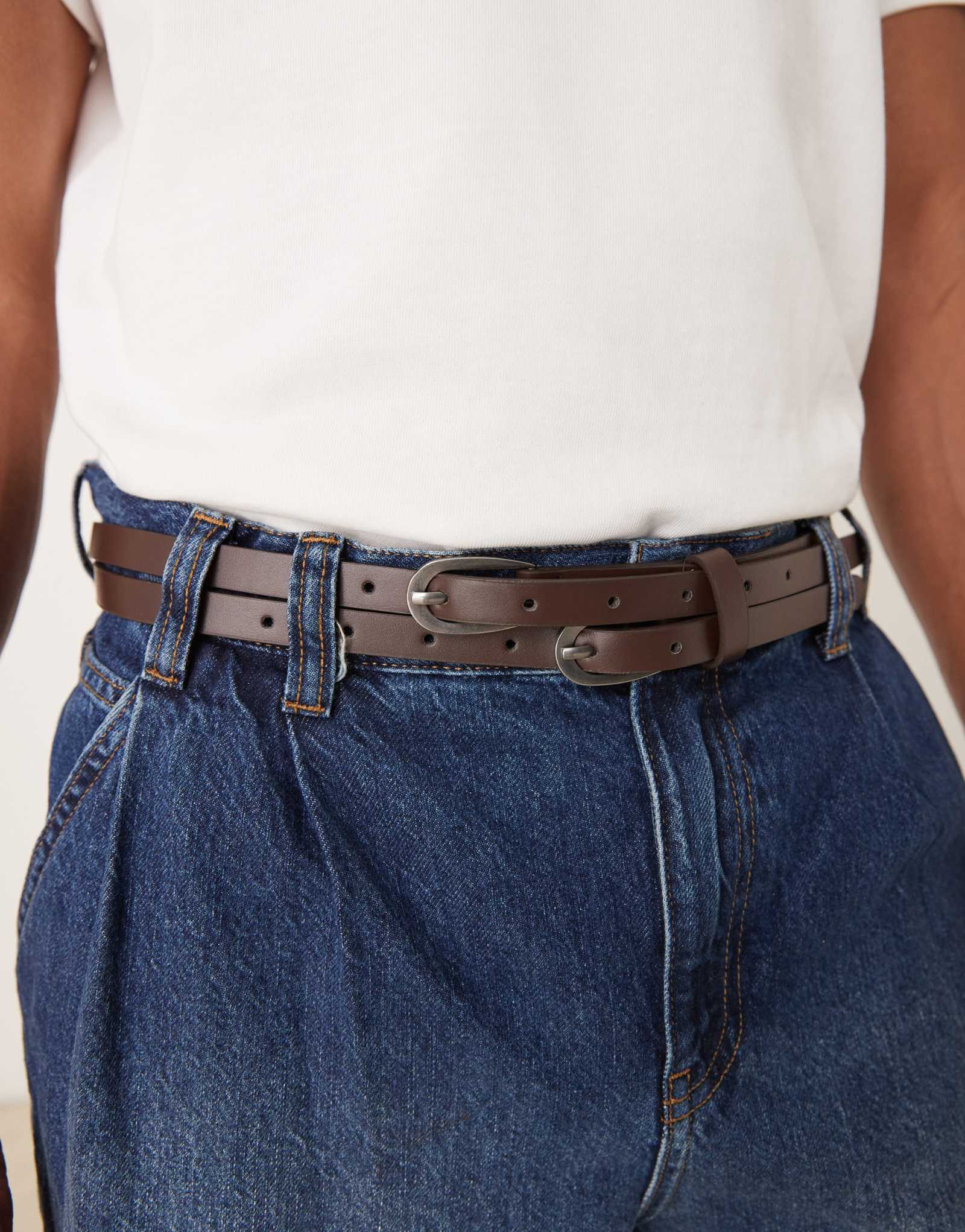 Узкий ремень ASOS DESIGN с двойным ремешком из коричневой искусственной кожи