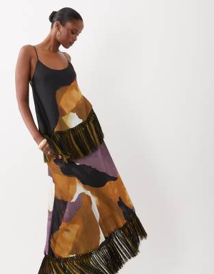 Asos Design Double Tier Layered Two Tone Fringe Satin Cami Maxi Dress In Multi