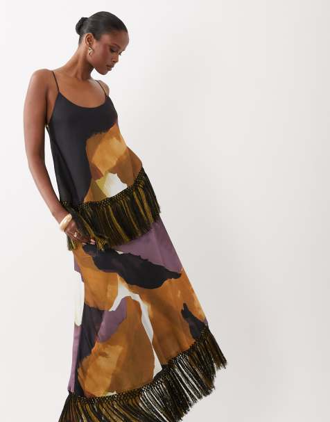  ASOS DESIGN double tier layered two tone fringe satin cami maxi dress in abstract print - view 1