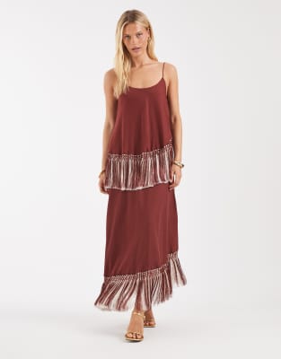 ASOS DESIGN double tier layered two tone fringe satin cami maxi dress in burgundy