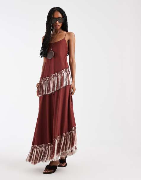 ASOS DESIGN double tier layered two tone fringe satin cami maxi dress in burgundy - view 1