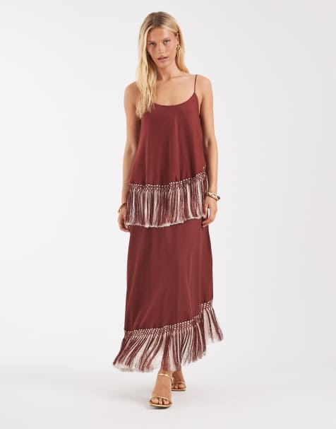 ASOS DESIGN double tier layered two tone fringe satin cami maxi dress in burgundy