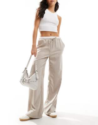 Asos Design Double Waistband Pants In Taupe Stripe-multi