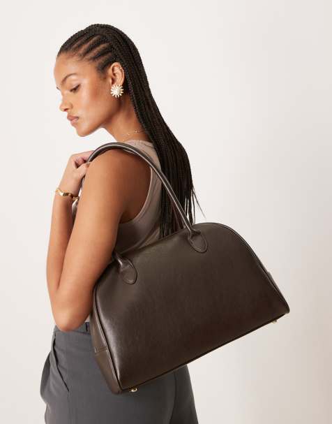 ASOS DESIGN double zip bowler bag in washed brown - view 1