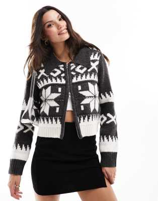 ASOS DESIGN double zip cardigan in fairisle pattern in gray 