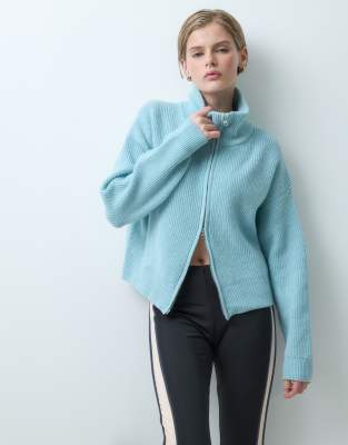 Asos Design Double Zip Oversize Collar Cardigan In Blue