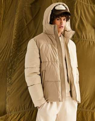 ASOS DESIGN puffer jacket with cut and sew panels in stone - ASOS Price Checker