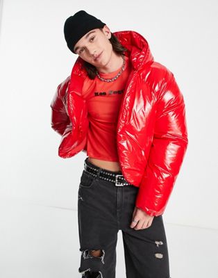 ASOS DESIGN oversized cropped high shine puffer jacket in red - ASOS Price Checker
