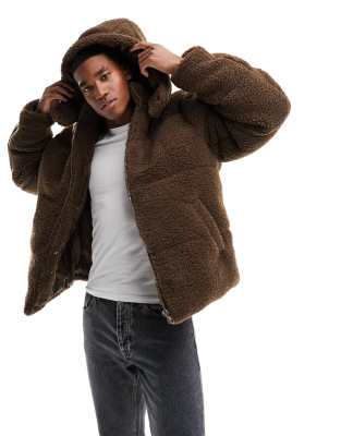 ASOS DESIGN borg puffer jacket with removable hood in brown - ASOS Price Checker