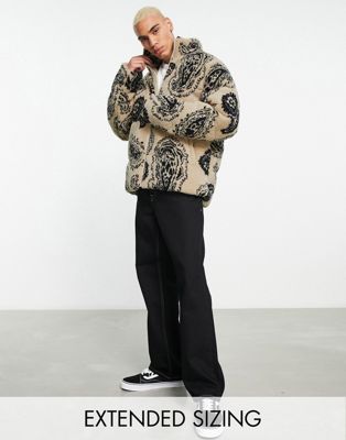 ASOS DESIGN borg puffer jacket in paisley print in stone - ASOS Price Checker