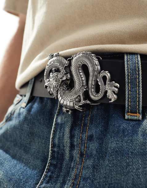 ASOS DESIGN Dragon faux leather belt in antique silver and black - view 1