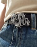 [ASOS DESIGN] ASOS DESIGN dragon faux leather belt in antique silver and black L-XL BLACK