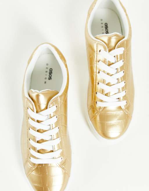 ASOS DESIGN Drama sneakers in gold croc, 3 of 4