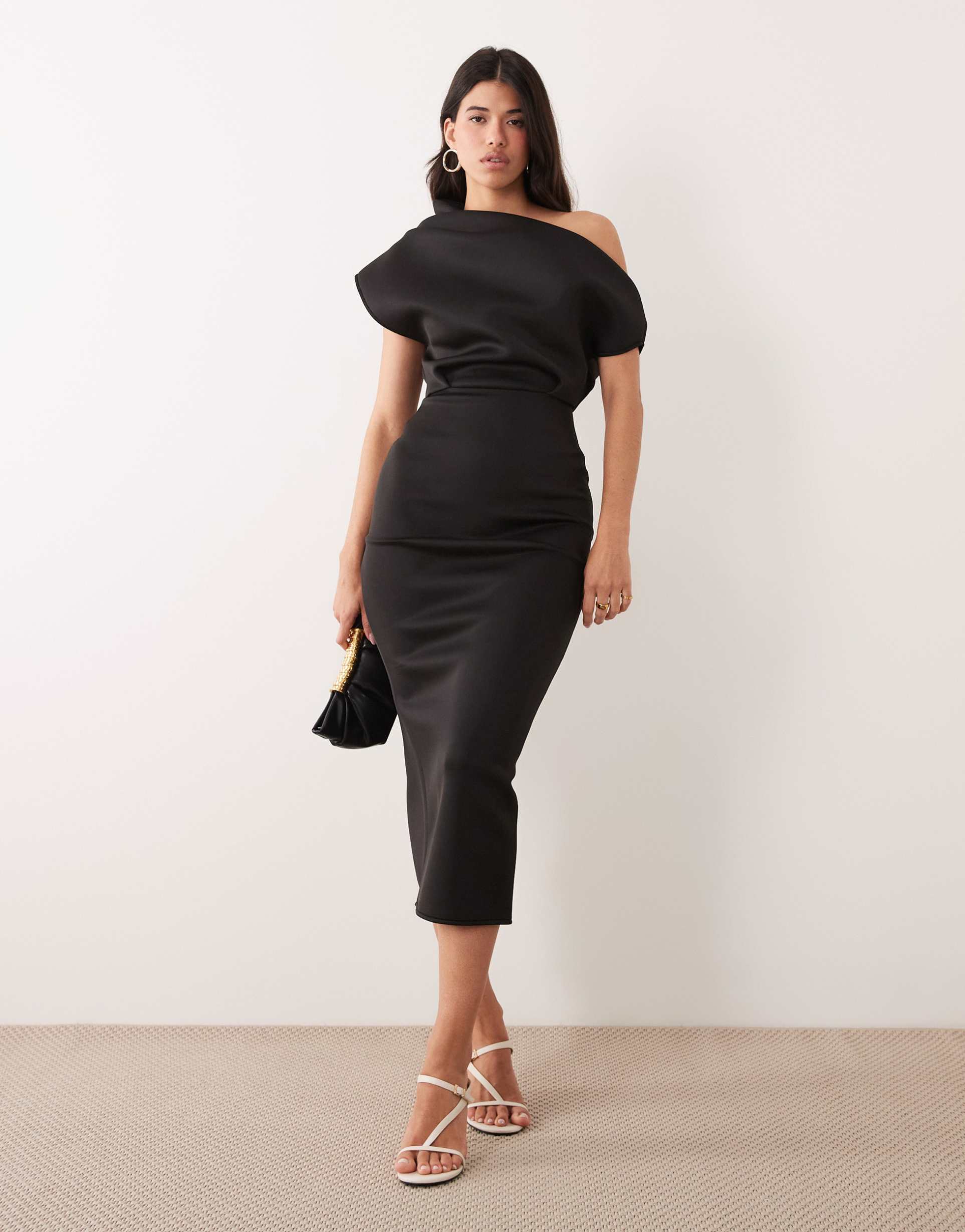 asos design dramatic neckline midi dress in black scuba-style fabric