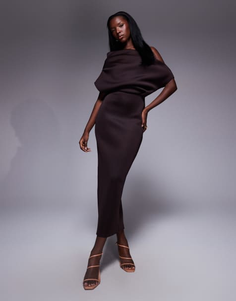 ASOS DESIGN dramatic neckline midi dress in chocolate scuba-style fabric - view 1