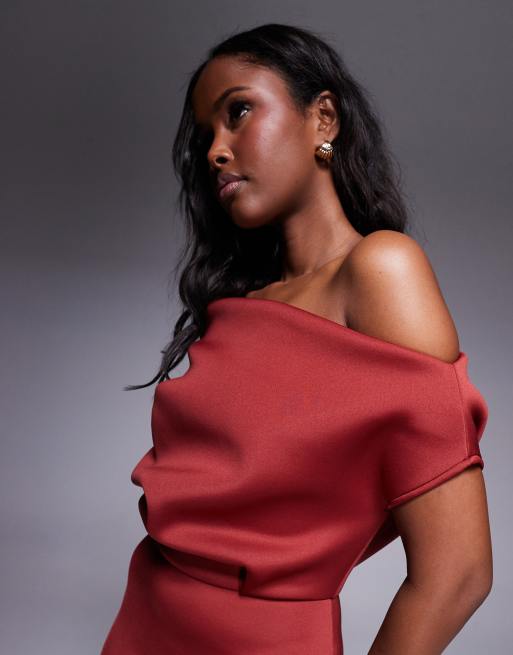 ASOS DESIGN dramatic neckline scuba midi dress in red