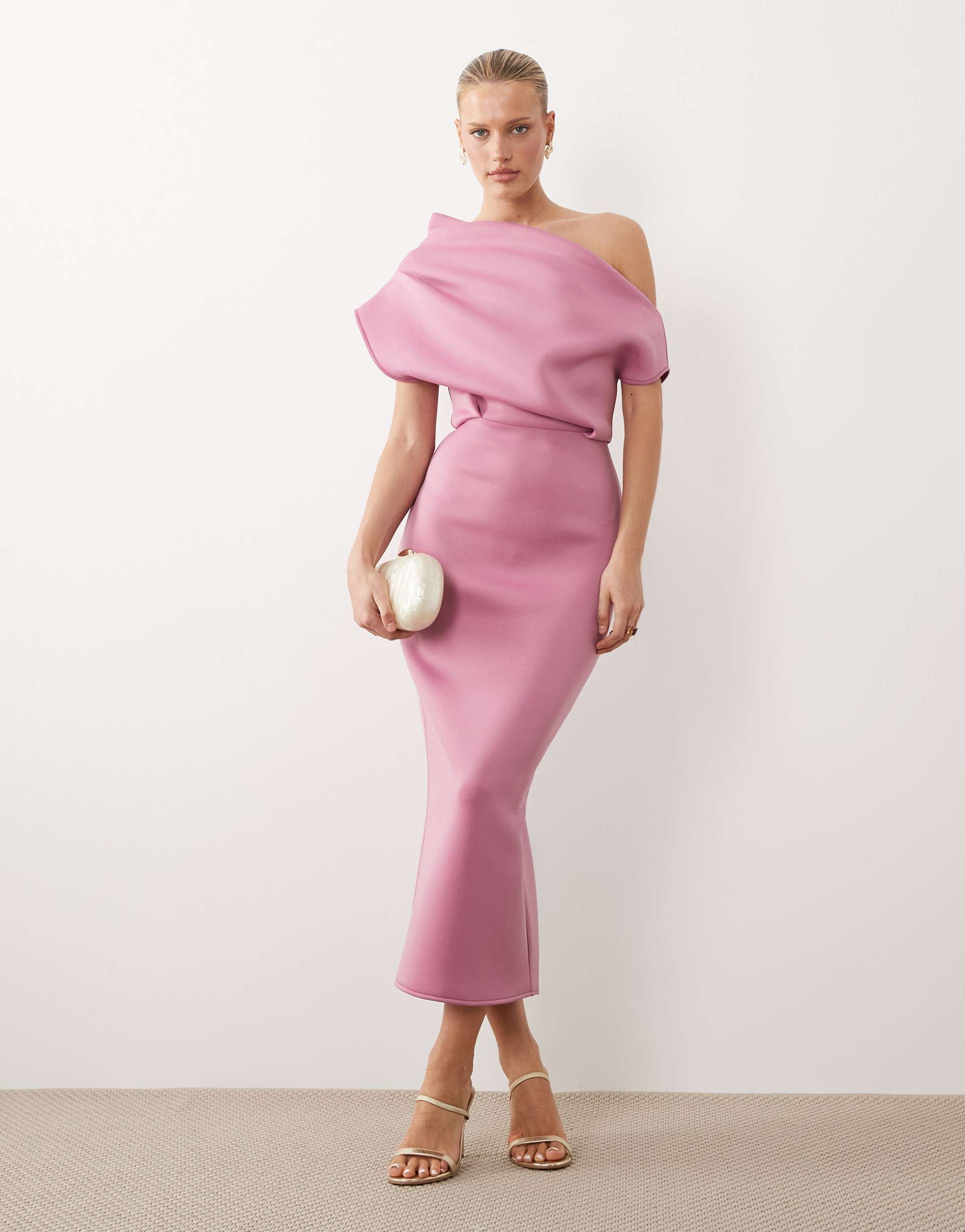 asos design dramatic neckline midi dress in rose scuba-style fabric