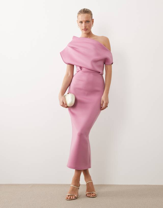 ASOS DESIGN dramatic neckline midi dress in rose scuba-style fabric