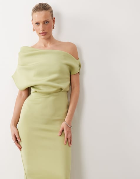 ASOS DESIGN dramatic neckline midi dress in sage scuba-style fabric - view 1