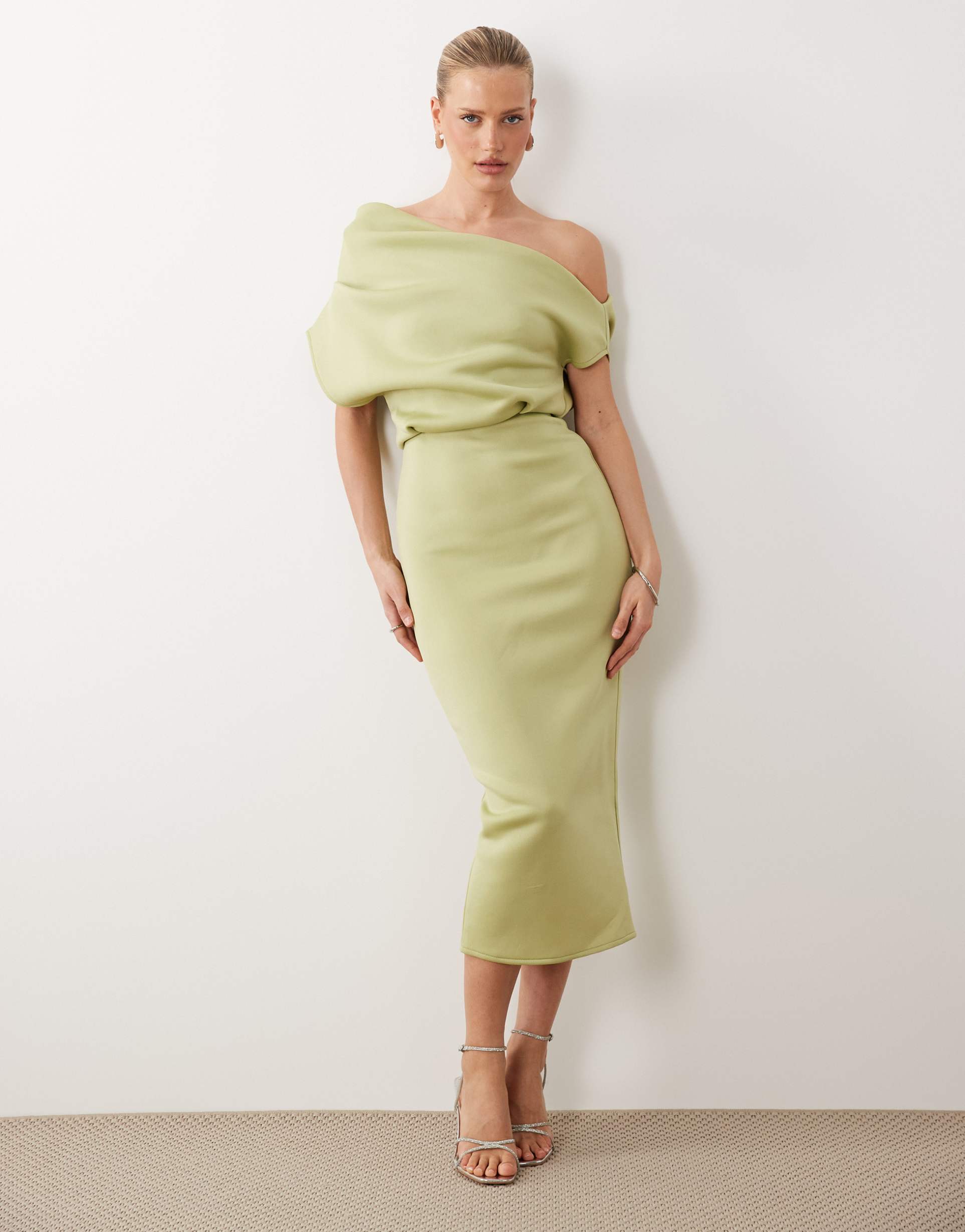 asos design dramatic neckline midi dress in sage scuba-style fabric