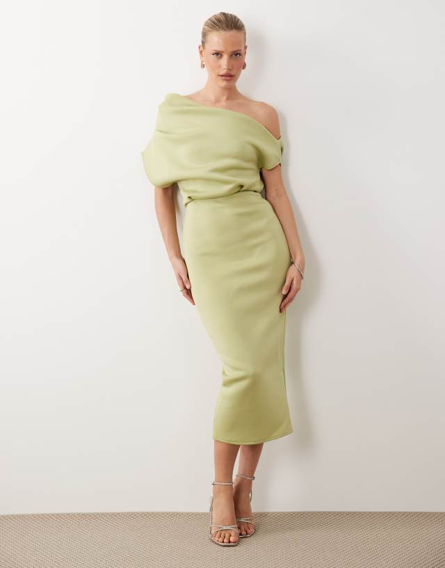 scuba dress ASOS DESIGN dramatic neckline midi in sage scuba-style fabric bill clinton in blue Size 4 measures approximately dresses for damas Color:Lakeside Mini dress