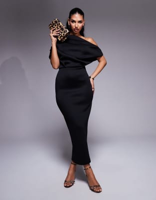 dramatic neckline scuba midi dress in black