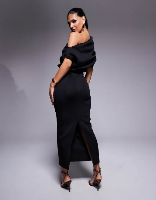 ASOS DESIGN dramatic neckline scuba midi dress in black
