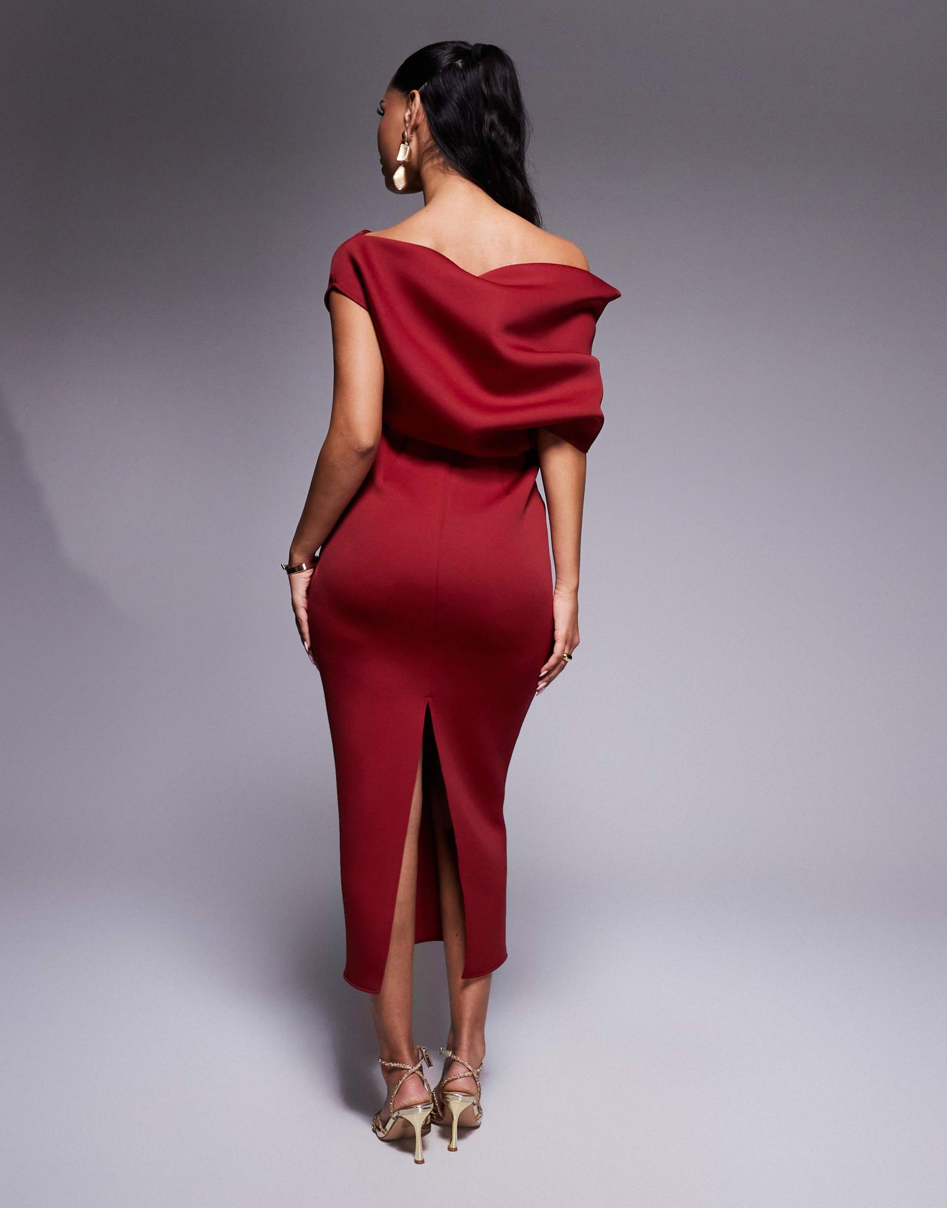 asos design dramatic neckline scuba midi dress in burgundy