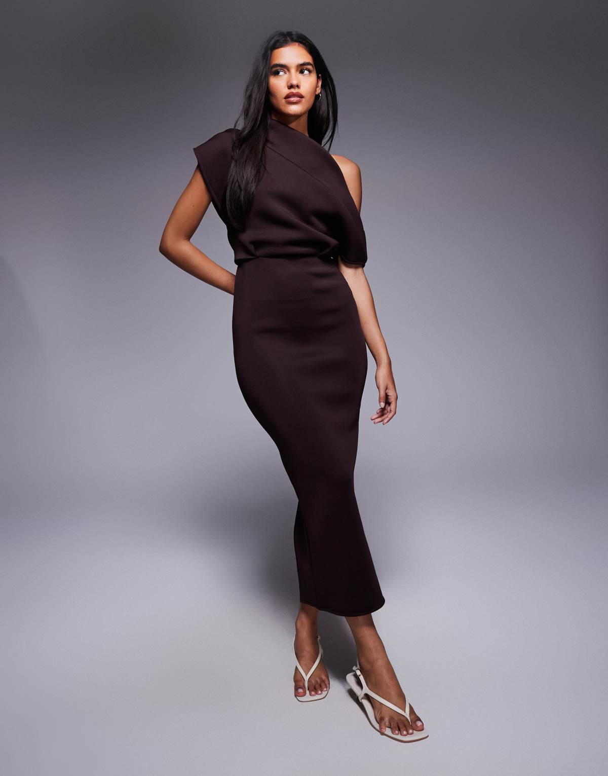 ASOS DESIGN dramatic neckline scuba midi dress in chocolate