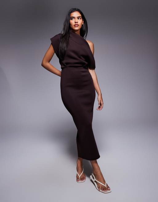 ASOS DESIGN dramatic neckline scuba midi dress in chocolate