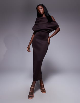 Asos Design Dramatic Neckline Scuba Midi Dress In Brown