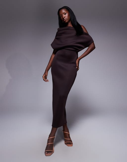 ASOS DESIGN dramatic neckline scuba midi dress in chocolate