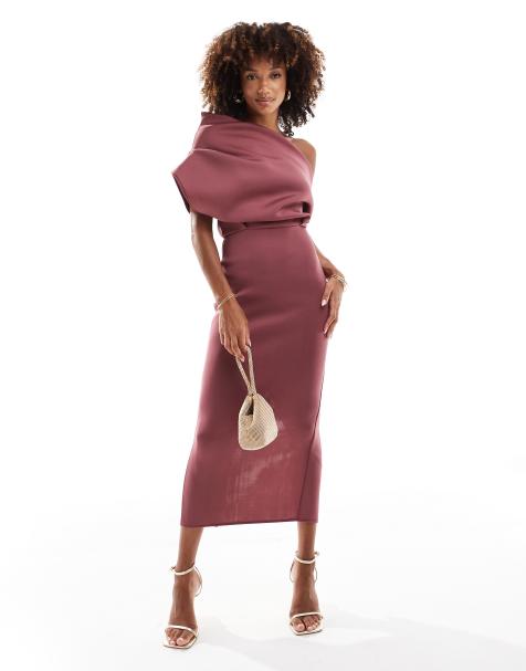 ASOS DESIGN dramatic neckline scuba midi dress in dark rose - view 1