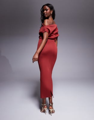 Asos Design Dramatic Neckline Scuba Midi Dress In Burgundy-red In Red