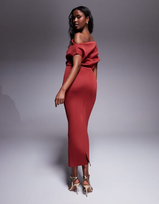 ASOS DESIGN dramatic neckline scuba midi dress in red