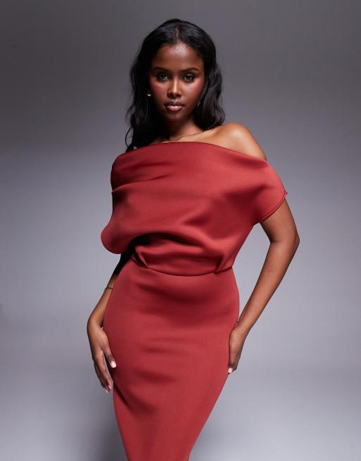 ASOS DESIGN dramatic neckline scuba midi dress in red
