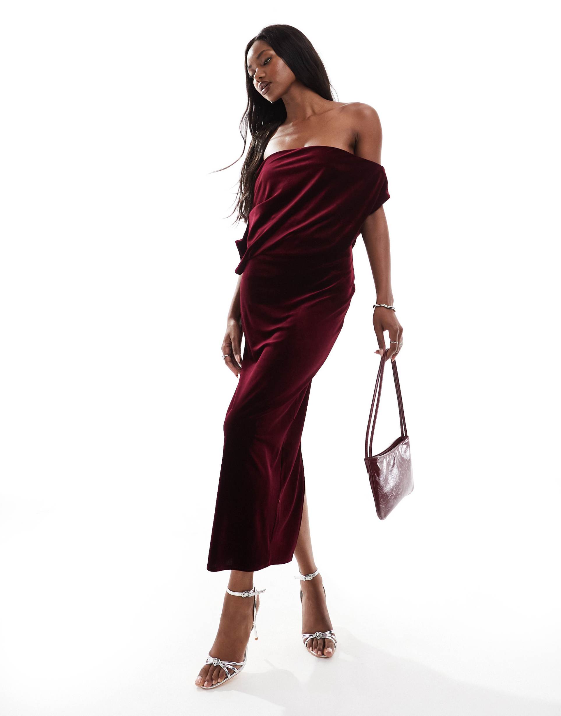 asos design dramatic neckline velvet midi dress in burgundy